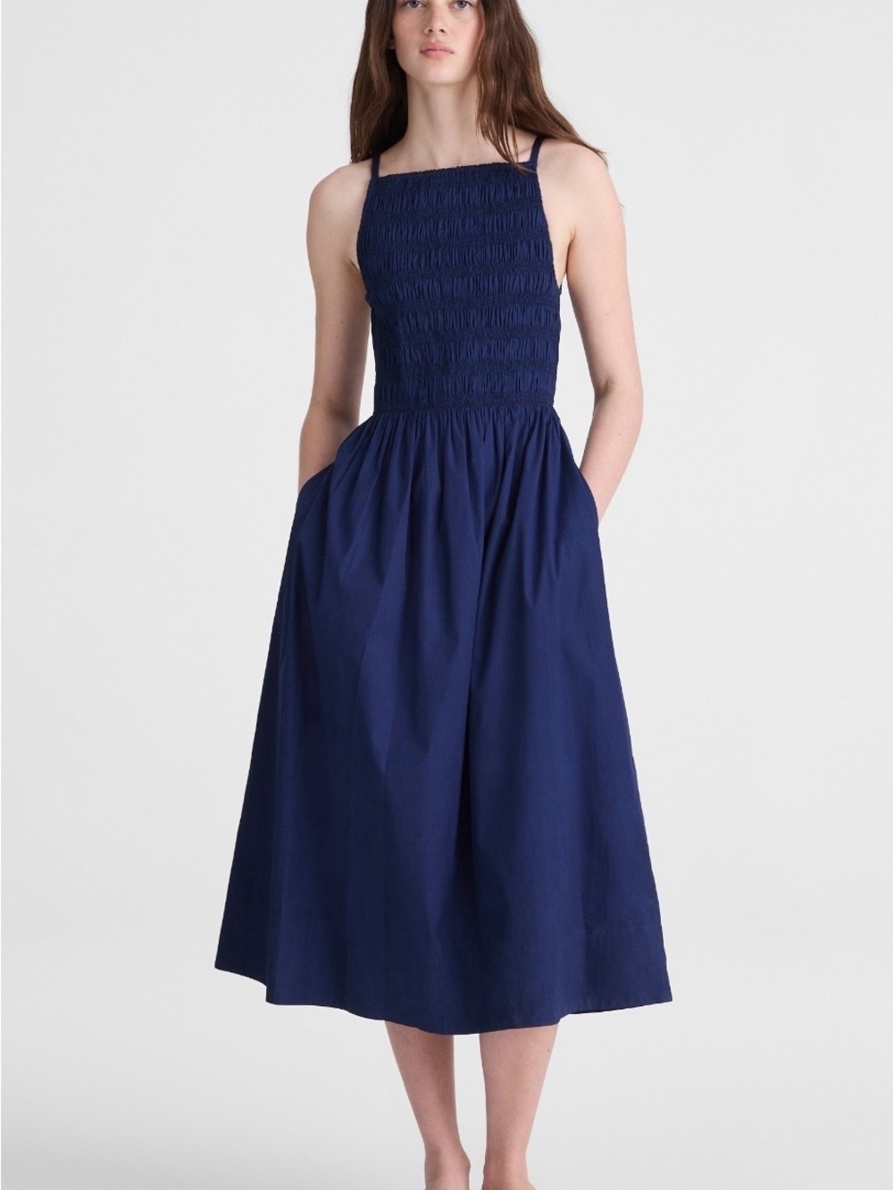 Madewell 100% Cotton Poplin Navy Smocked Bodice Midi Dress NWT